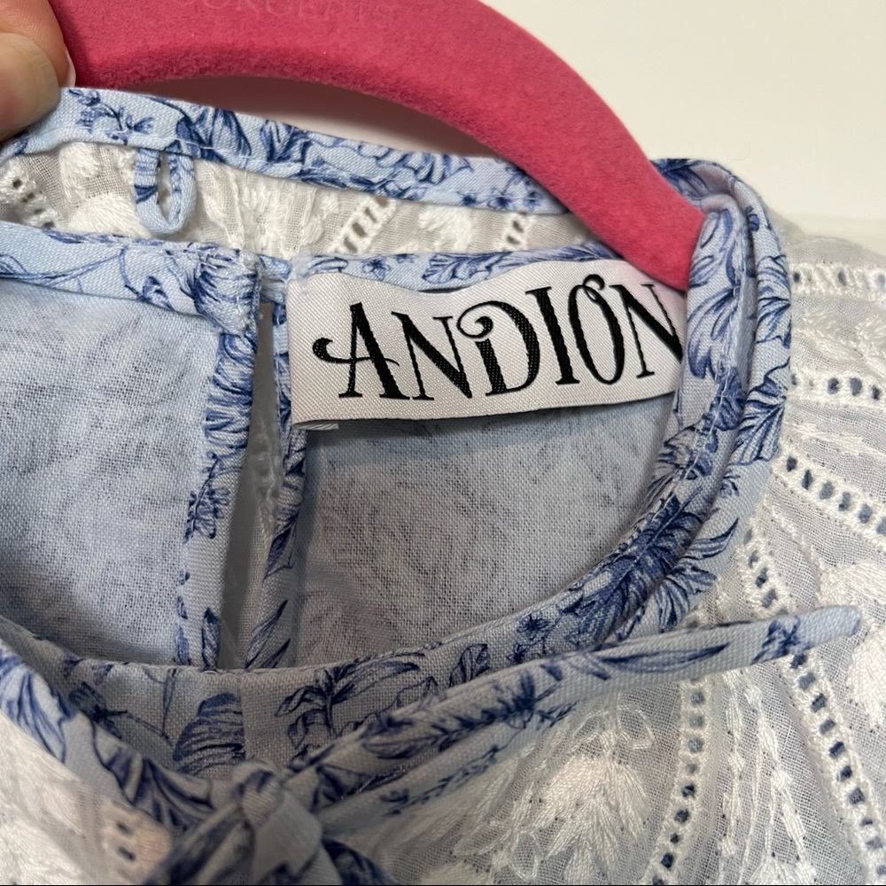 Andion Fiona blue paisley ditsy floral print embroidered collar blouse S - Picture 7 of 10